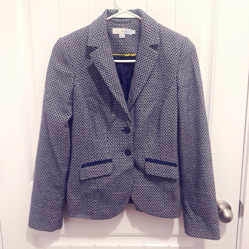 Boden Navy White Geometric Button Front Blazer Jacket Lined Pockets Size 6